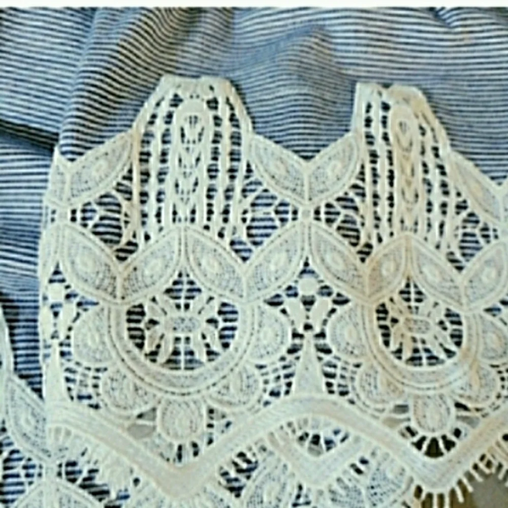 Chico's Top French Pinstripe Lantern Sleeve Blue White Stretch MED π¦RETAIL $89- - Picture 6 of 11